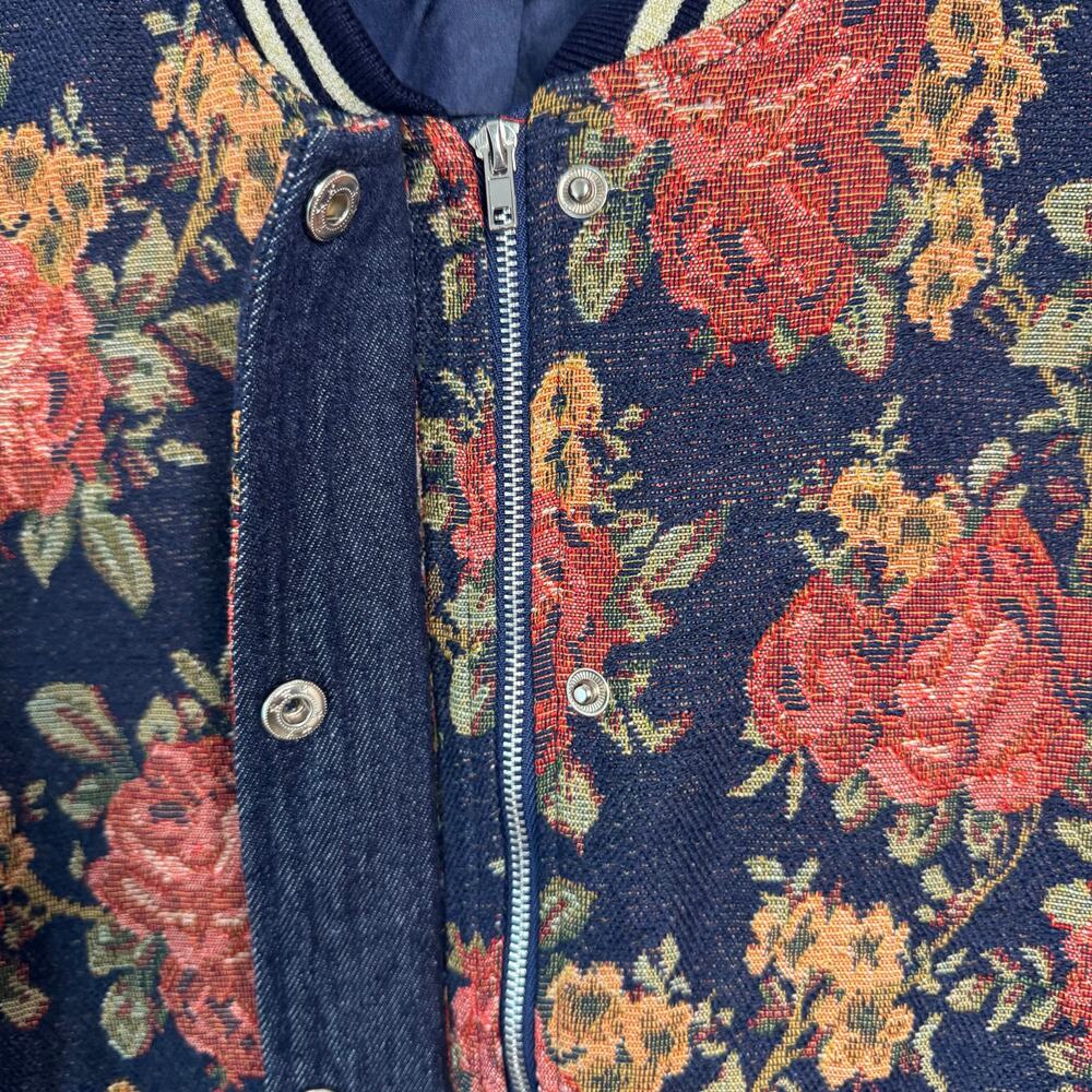 JOA Long Sleeve Floral Bomber Jacket Zip Up Navy Blue Lined Pockets Womens M - Picture 5 of 11